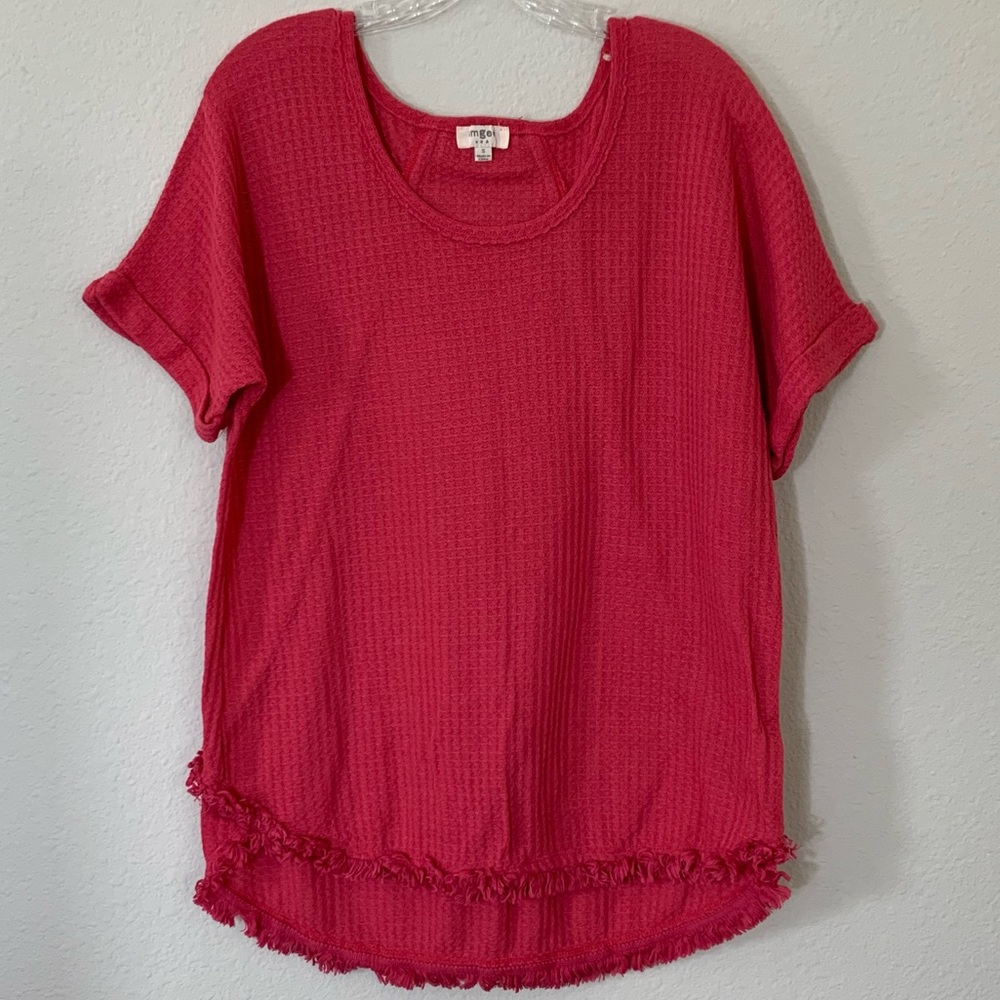 Umgee Short Sleeves Waffle Knit Shirt Sweater Fringe Round Neck Oversized size S